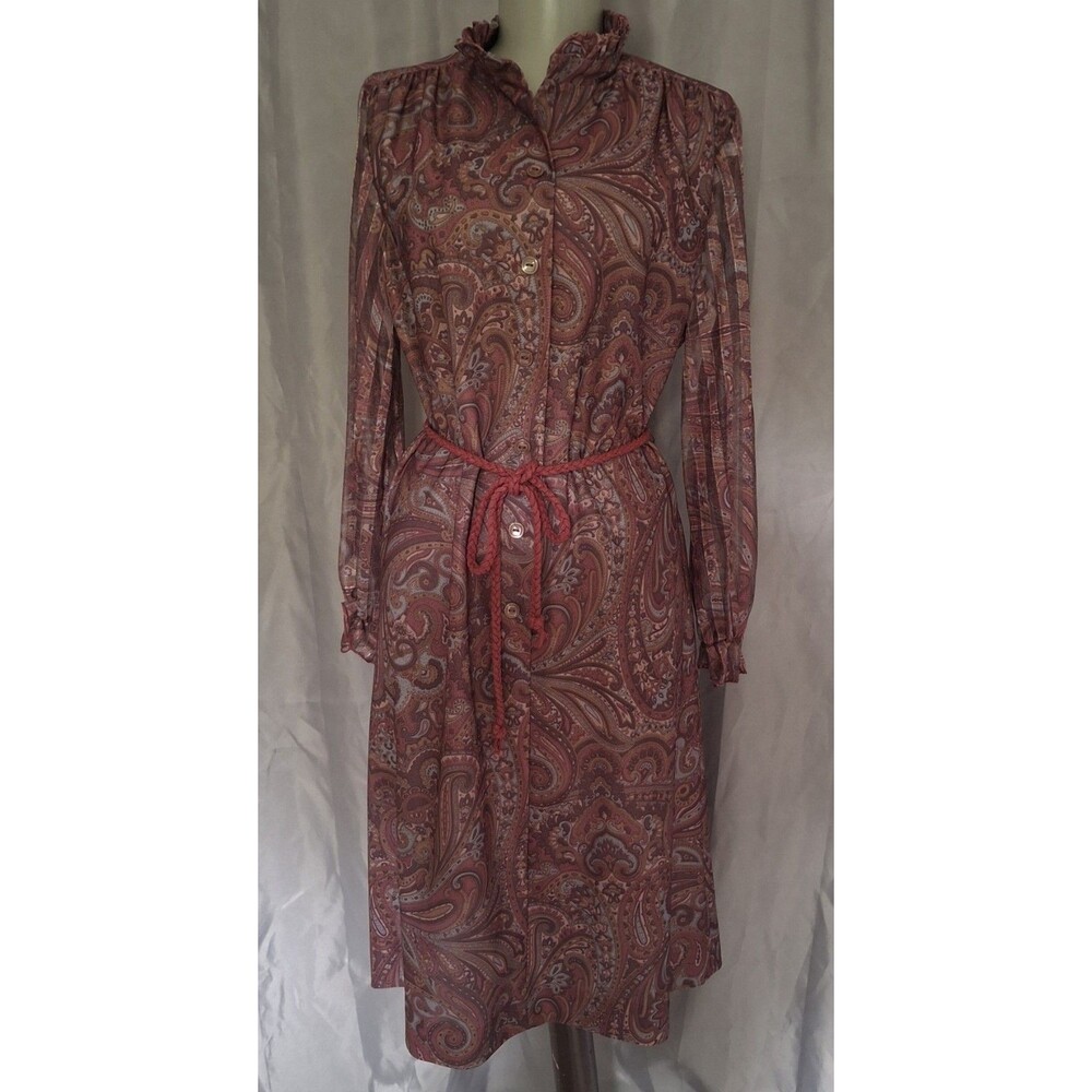 vtg 60s/70s Sheer Paisley Button Down Belted  Ruffled Dress M